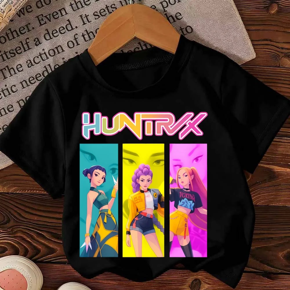 Kpop Demon Hunter HuntrX Children Top Korean Anime Print Kids Short Sleeve T-shirt Girls Clothing Casual O-Neck Shirt for Child