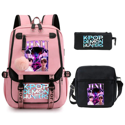 KPop Demon Hunters Backpack Shoulder Bag Pencil Case Three Piece Set Children Fashion Casual SchoolBag Saja Boys Travel Backpack