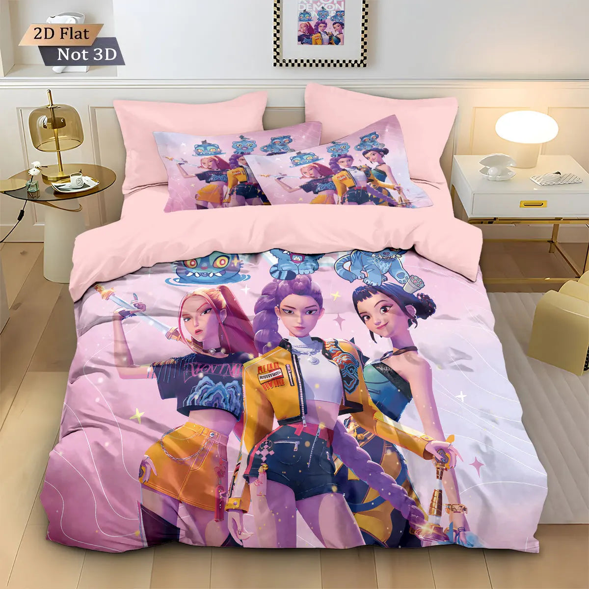K-Pop Bedding Set Demon Hunters Themed Pink Print Polyester Student Dormitory Bed Sheet Duvet Cover Kid Gift Home Textile