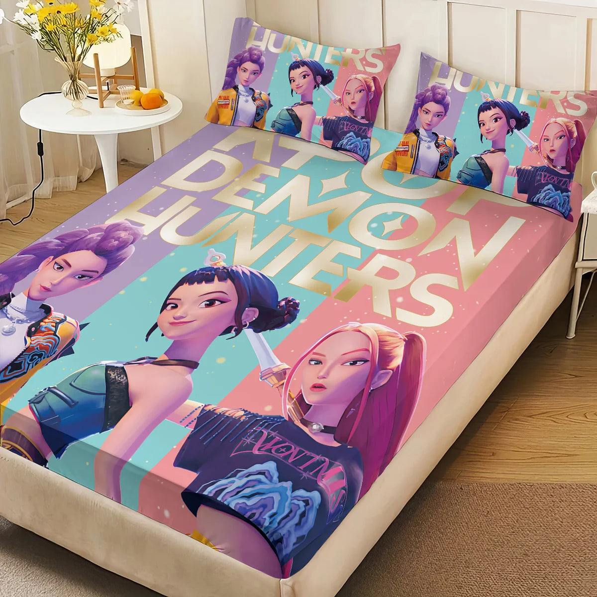 3pcs K-Pop Demon Hunters Printed coreless Bed Sheet Set Multi Size Soft Bed Cover Bedroom Bedding Machine Washable