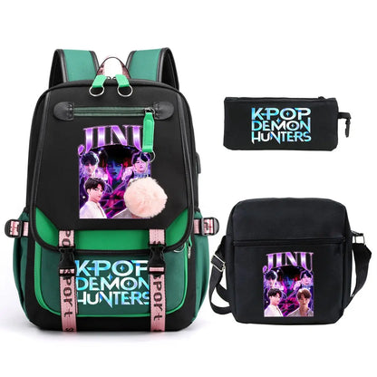 KPop Demon Hunters Backpack Shoulder Bag Pencil Case Three Piece Set Children Fashion Casual SchoolBag Saja Boys Travel Backpack