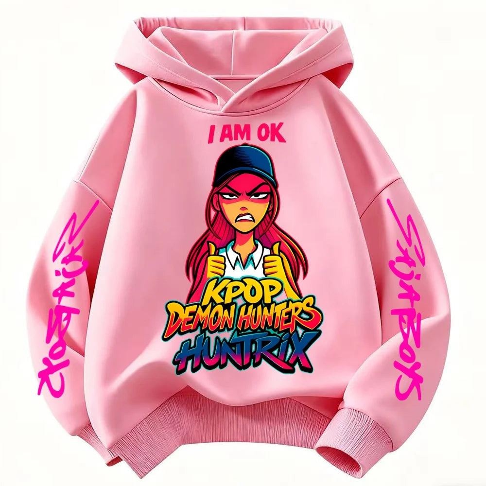Cute Derpy KPop Demon Hunter Cartoon Girls Hooded Sweatshirt Warm Children's Wave Fashion Casual Tops Casual Black Pink Clothing