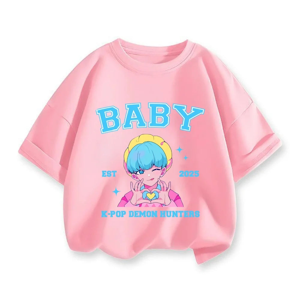 New 2025 Korean Wave Demon Hunter Cotton Printed Fashion Casual Round Neck Cartoon Girl T-shirt