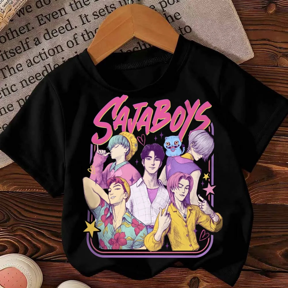 Summer Boys New Cartoon Tee KPop Demon Hunters Saja Boys Print Cool Kids Tee Harajuku Tops Short Sleeve Baby Girl Boy Clothing