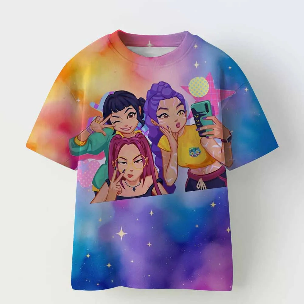 Kids T-shirt KPop Demon Hunters Print Fashion Casual Tops 2025 Movie Crew Neck Cartoon Girls Boys Tee Casual Baby Girl Clothes