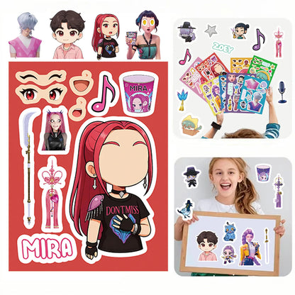 8 Sheets Cute KPop Demon Hunters Stickers Make A Face Puzzle Stickers Make Your Own DIY Game Jigsaw Education Toys