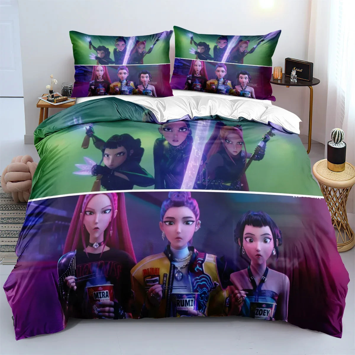 K-Pop Bedding Set Demon Hunters Themed Colorful Print Polyester Student Dormitory Bed Sheet Duvet Cover Kid Gift Home Textile