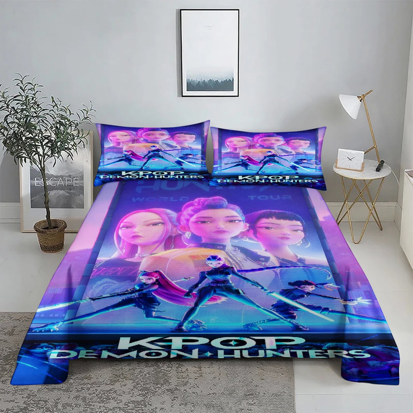 K-Pop D-Demon Hunters 3D Digital Flat sheet set Printing Bedroom Bed Sheet Pillowcase Bedding Kit for Home Decor