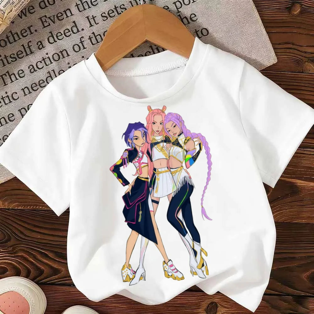 Kpop Demon Hunters T-shirt for Children Letter A-Z Tee Top Cute Cartoon Round Collar Girl Clothes Fashion Kids Clothing Tee Gift