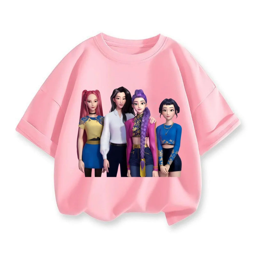 New 2025 Korean Wave Demon Hunter Cotton Printed Fashion Casual Round Neck Cartoon Girl T-shirt