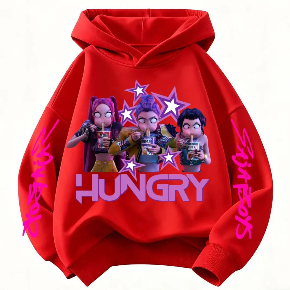KPop Demon Hunter Cartoon Cute Girls Hooded Sweatshirt Warm Rumi Children's Wave Fashion Casual Tops Casual Black Pink Clothing