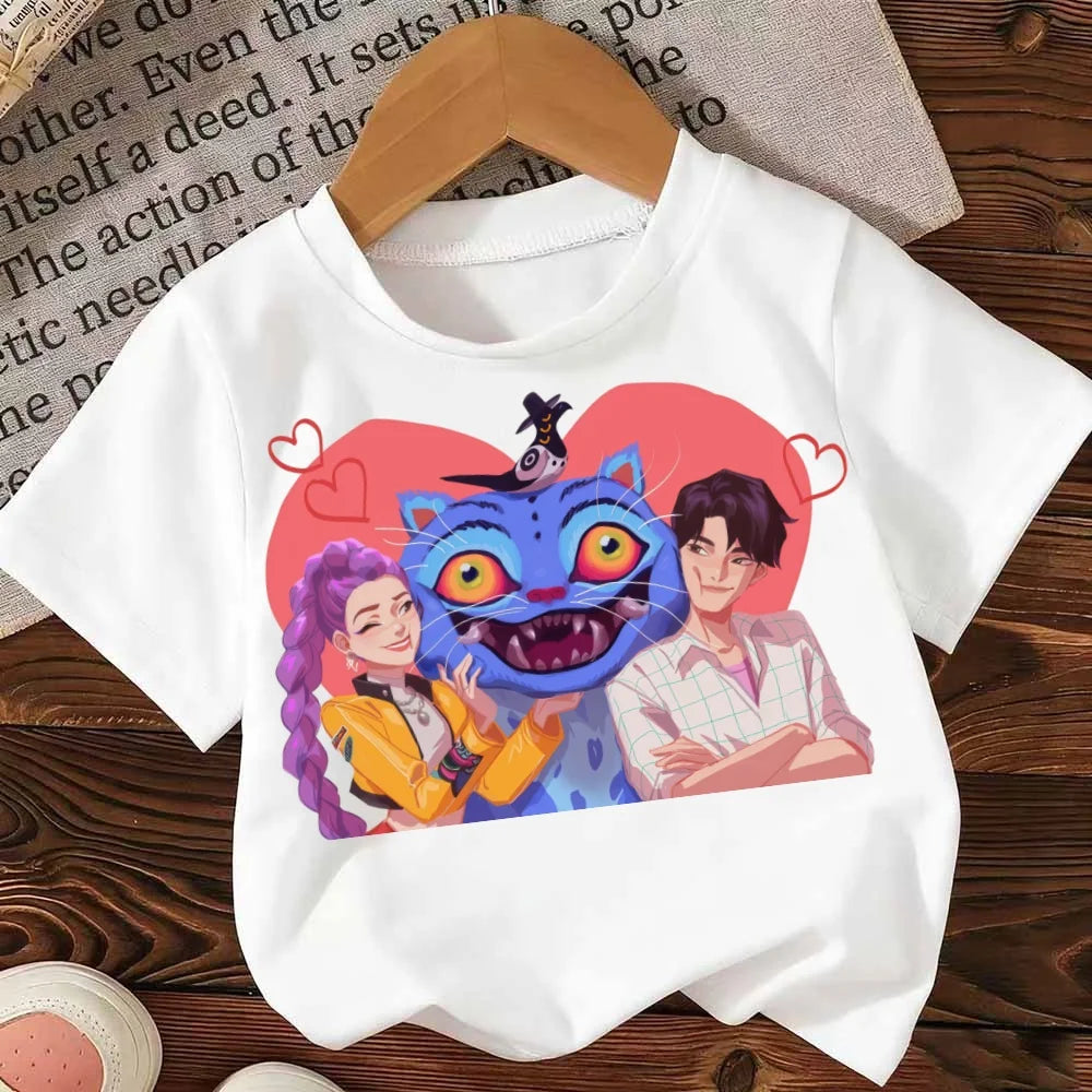 Demon Hunters Kpop T-shirt Girls Boys Short Sleeve Purple Tee Anime Children's Clothing Huntrix Tiger Harajuku Tops Tshirt Gifts