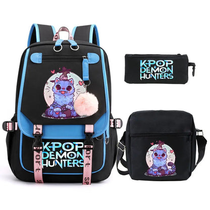 KPop Demon Hunters Backpack Shoulder Bag Pencil Case Three Piece Set Children Fashion Casual SchoolBag Saja Boys Travel Backpack
