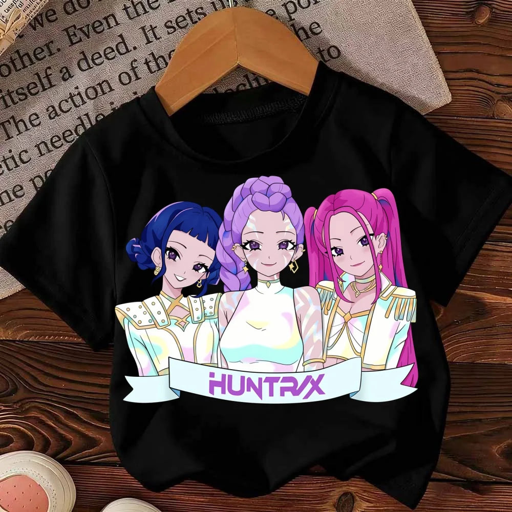 Kpop Demon Hunter HuntrX Children Top Korean Anime Print Kids Short Sleeve T-shirt Girls Clothing Casual O-Neck Shirt for Child