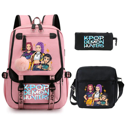 KPop Demon Hunters Backpack Shoulder Bag Pencil Case Three Piece Set Children Fashion Casual SchoolBag Saja Boys Travel Backpack