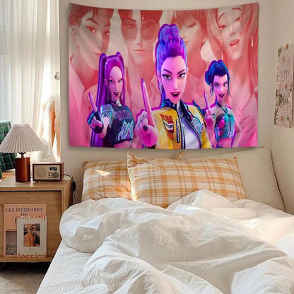 Kpop D-demon Hunters Anime Tapestry Hippie Flower Wall Carpets Dorm Decor Wall Hanging Home Decor