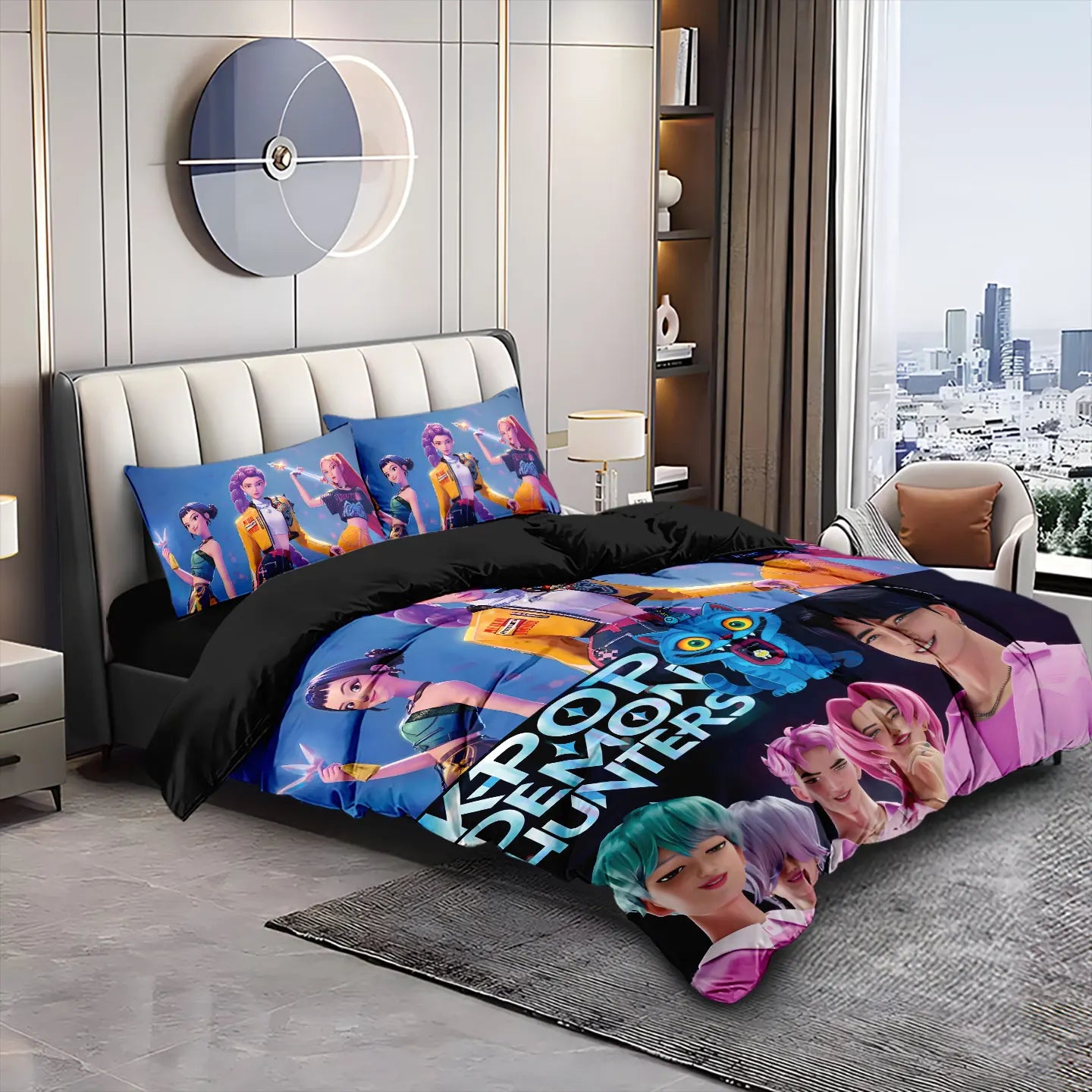 K-Pop Bedding Set Demon Hunters Themed pink or Black other side Print Polyester Student Dormitory  Duvet Cover Boys Girls Gift