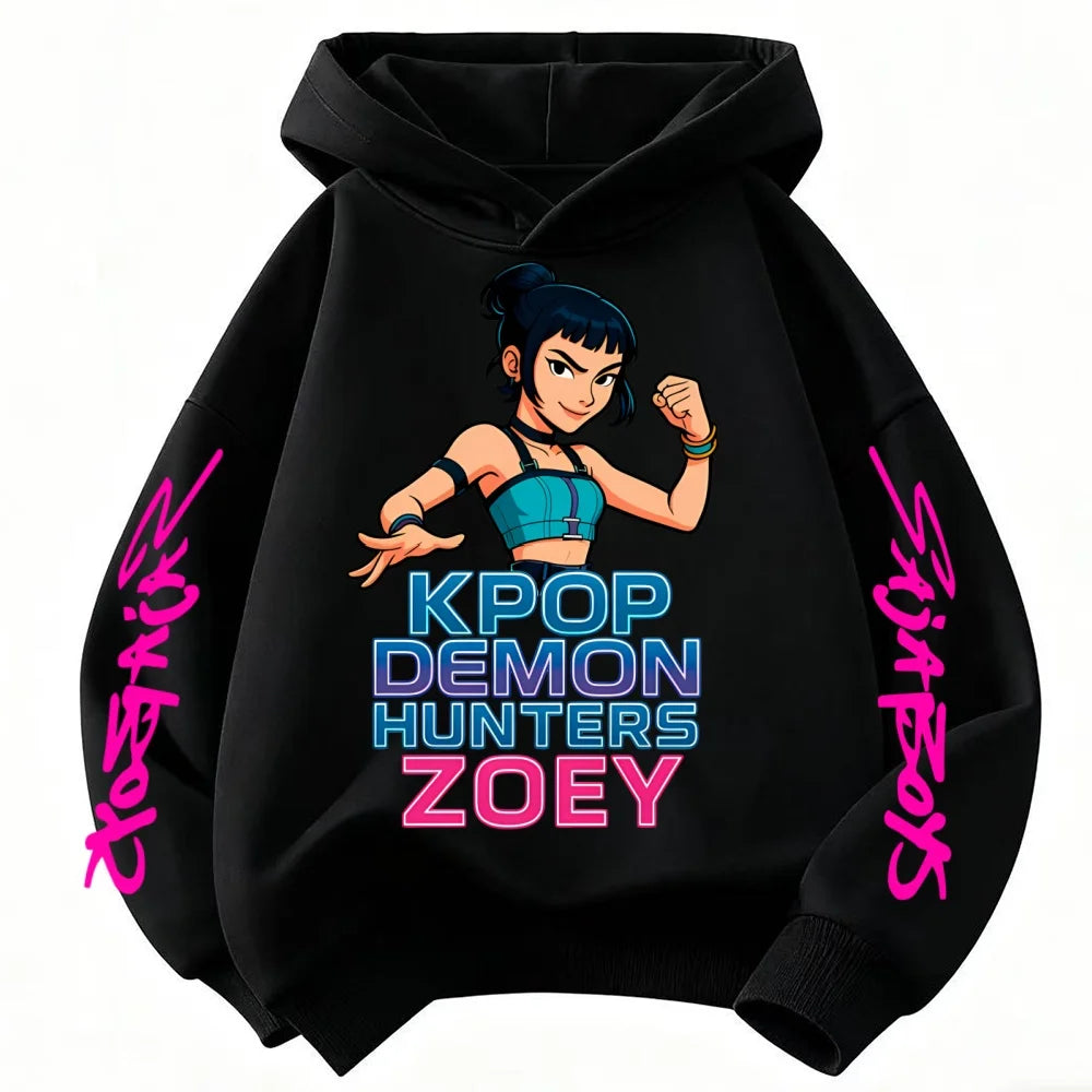 Rumi Cute KPop Demon Hunter Cartoon Girls Hooded Sweatshirt Warm Children's Wave Fashion Casual Tops Casual Black Pink Clothing