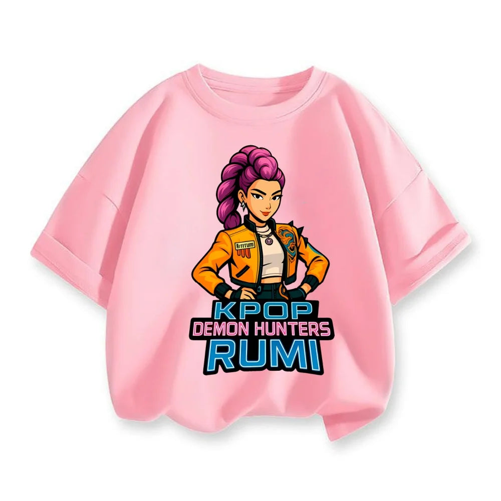 New 2025 Korean Wave Demon Hunter Cotton Printed Fashion Casual Round Neck Cartoon Girl T-shirt