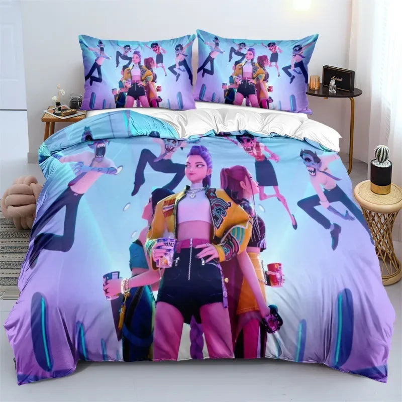 K-Pop Bedding Set Demon Hunters Themed Colorful Print Polyester Student Dormitory Bed Sheet Duvet Cover Kid Gift Home Textile