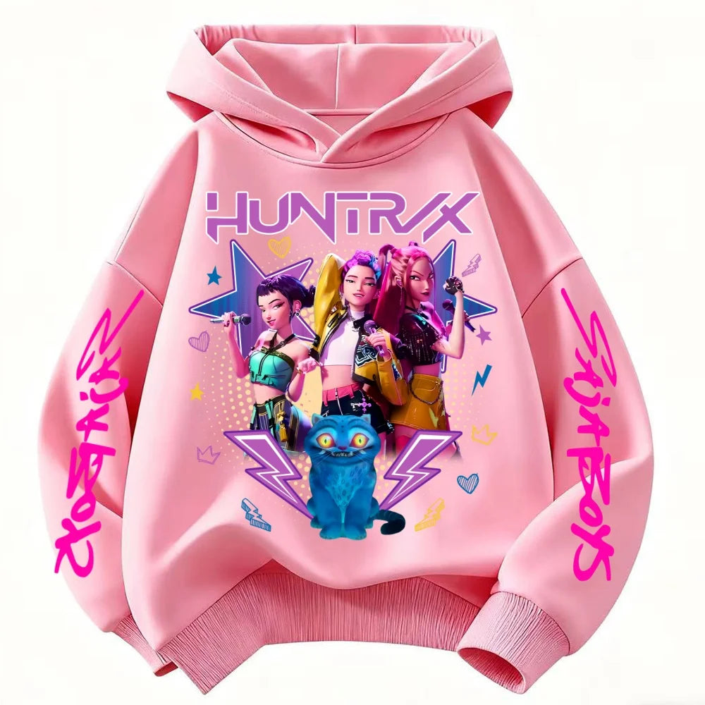 Demone Hunter Girl's Pink Hooded Streetwear Autumn Cute Anime Baby Pullover Kids Y2K Kawaii Long Sleeved T-shirt Casual Clothes