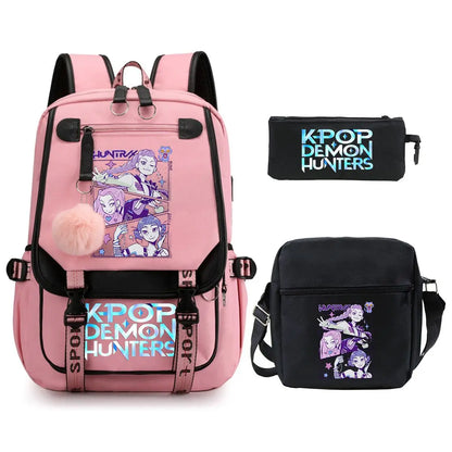 KPop Demon Hunters Backpack Shoulder Bag Pencil Case Three Piece Set Children Fashion Casual SchoolBag Saja Boys Travel Backpack