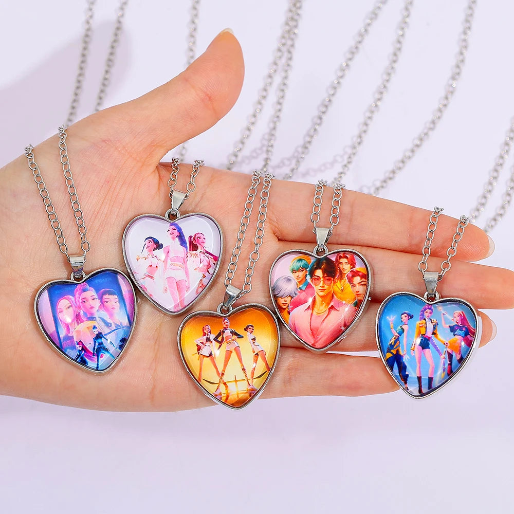 Cartoon K-Pop Demon Hunter Creative Heart Design Necklace Pendant Rumi Mira Zoey Fashion Jewelry Accessories for Fans Gift