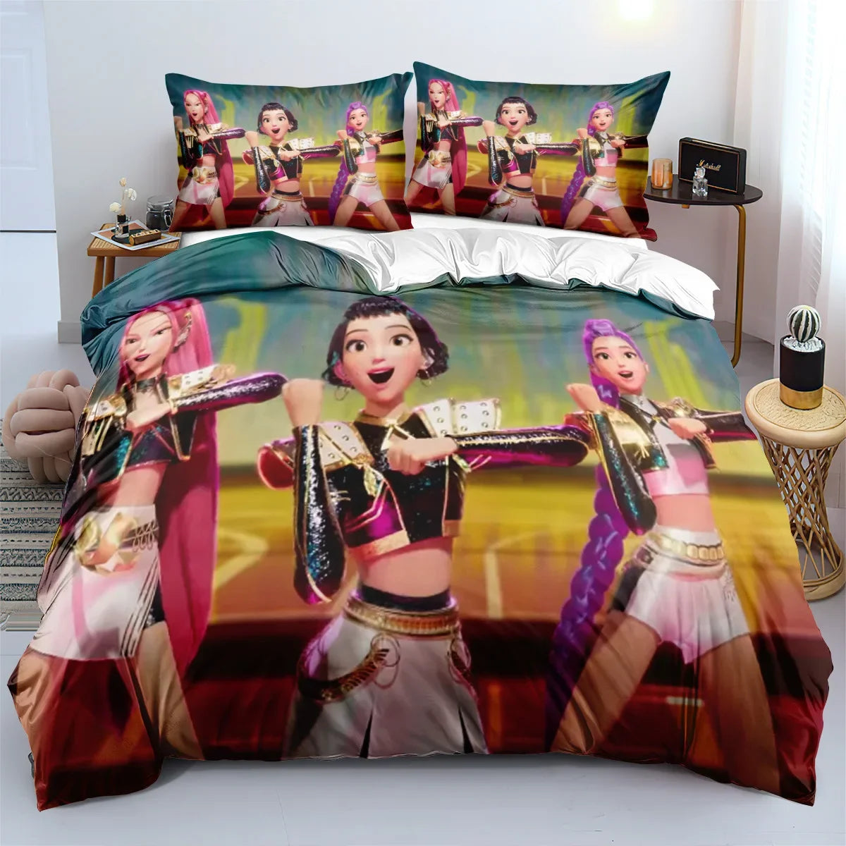 K-Pop Bedding Set Demon Hunters Themed Colorful Print Polyester Student Dormitory Bed Sheet Duvet Cover Kid Gift Home Textile