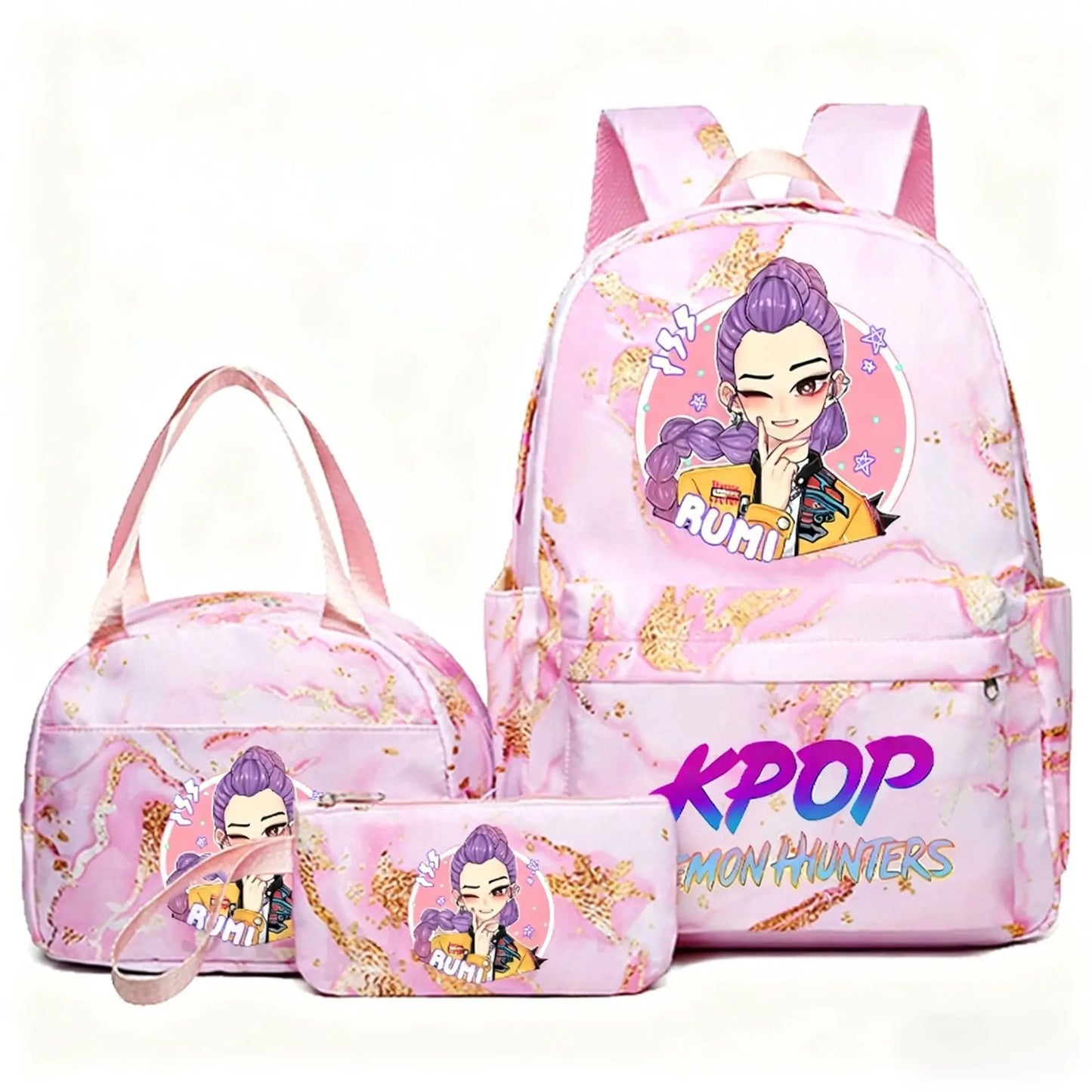 KPop Demon Hunters 3pcs Set Backpack Students Lunch Bag Set Pencil Case Anime Cartoon Fashion Print Student Back To School Gift