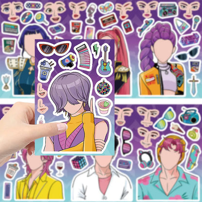 8/16Sheets Cartoon Anime KPop Demon Hunters Stickers Funny Make A Face Puzzle Stickers Jigsaw Assemble Decals Kids DIY Game Gift
