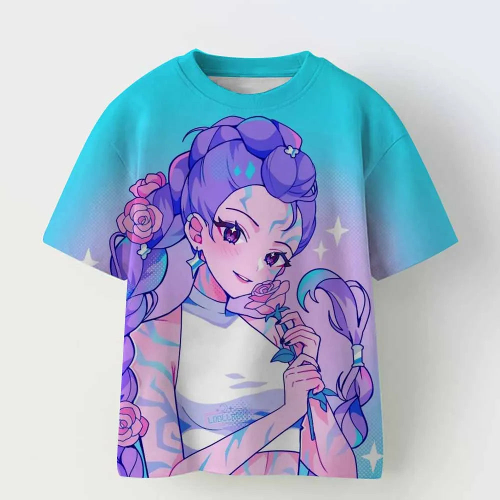 Demon Hunters Kpop T-shirt Girls Boys Short Sleeve Purple Tee Anime Children's Clothing Huntrix Tiger Harajuku Tops Tshirt Gifts