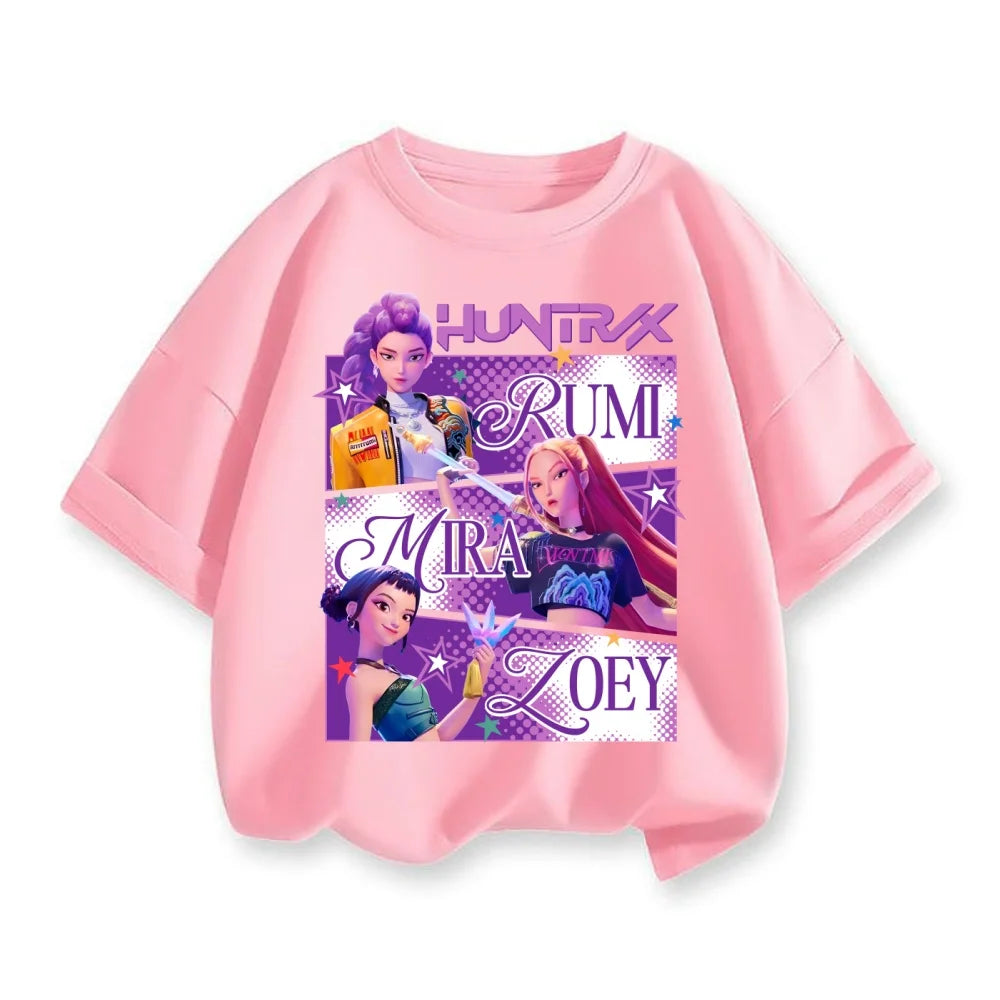 Kpop Demon Hunters Children's Clothing Short Sleeve T-shirt Cute Rumi Zoey Mira Shirts Harajuku Tops for Boys Girls Clothes Gif