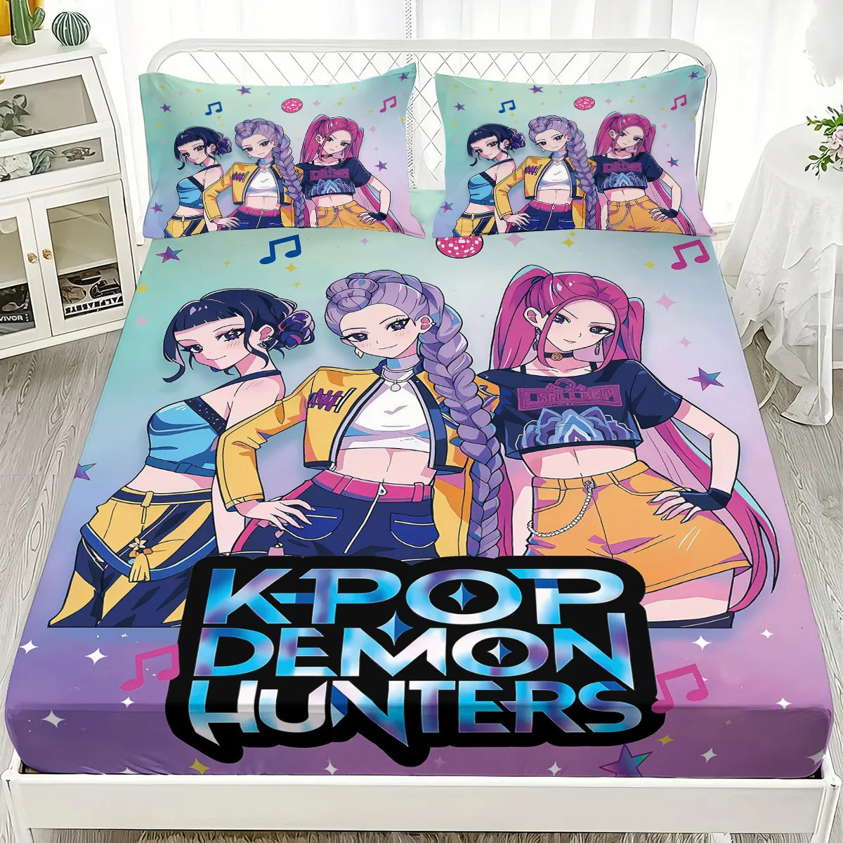 1PC KPOP Fitted Sheet Demon Hunters Soft Polyester Bed Fitted Sheet With Elastic Band Home Decorations Birthday Gifts for Girls
