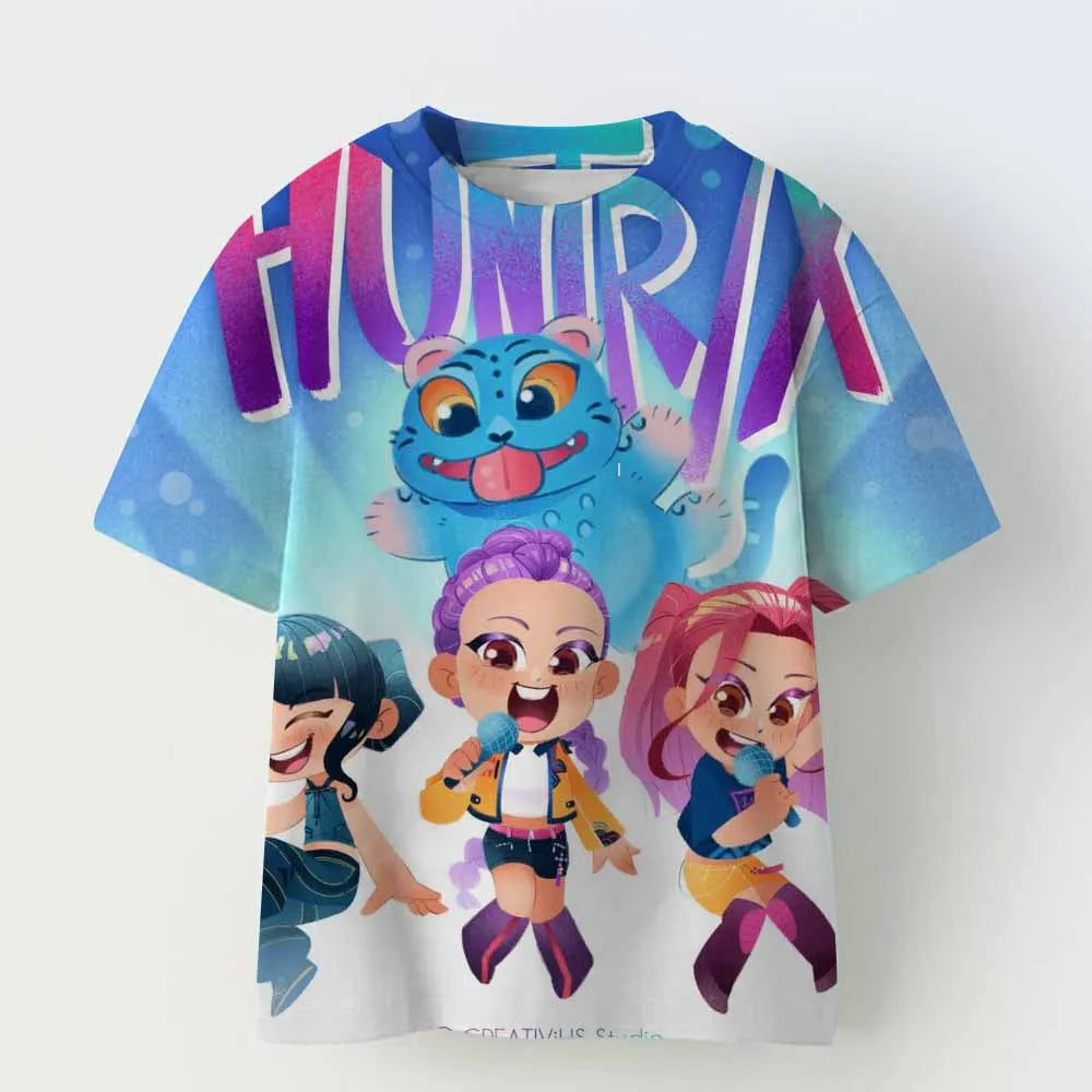 Demon Hunters Kpop T-shirt Girls Boys Short Sleeve Purple Tee Anime Children's Clothing Huntrix Tiger Harajuku Tops Tshirt Gifts