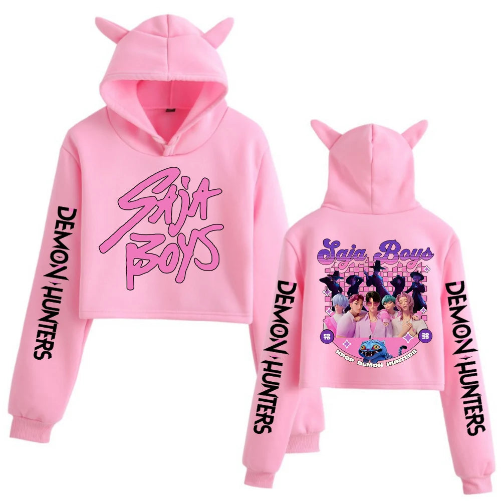 Anime K-Pop Demon Hunters Saja Boys Crop Tops Cat Ears Sweatshirt Long Sleeve Girls Fashion Hoodie