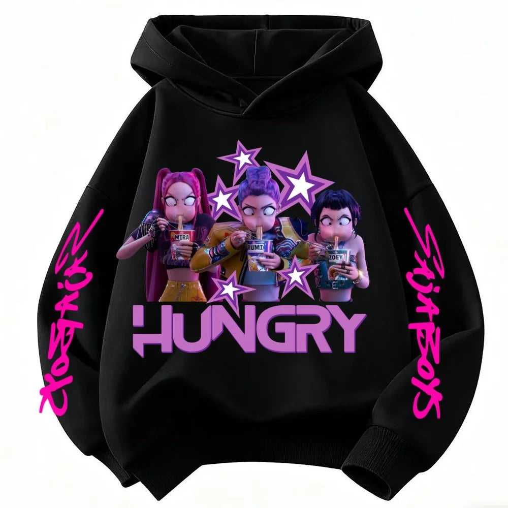 KPop Demon Hunter Cartoon Cute Girls Hooded Sweatshirt Warm Rumi Children's Wave Fashion Casual Tops Casual Black Pink Clothing