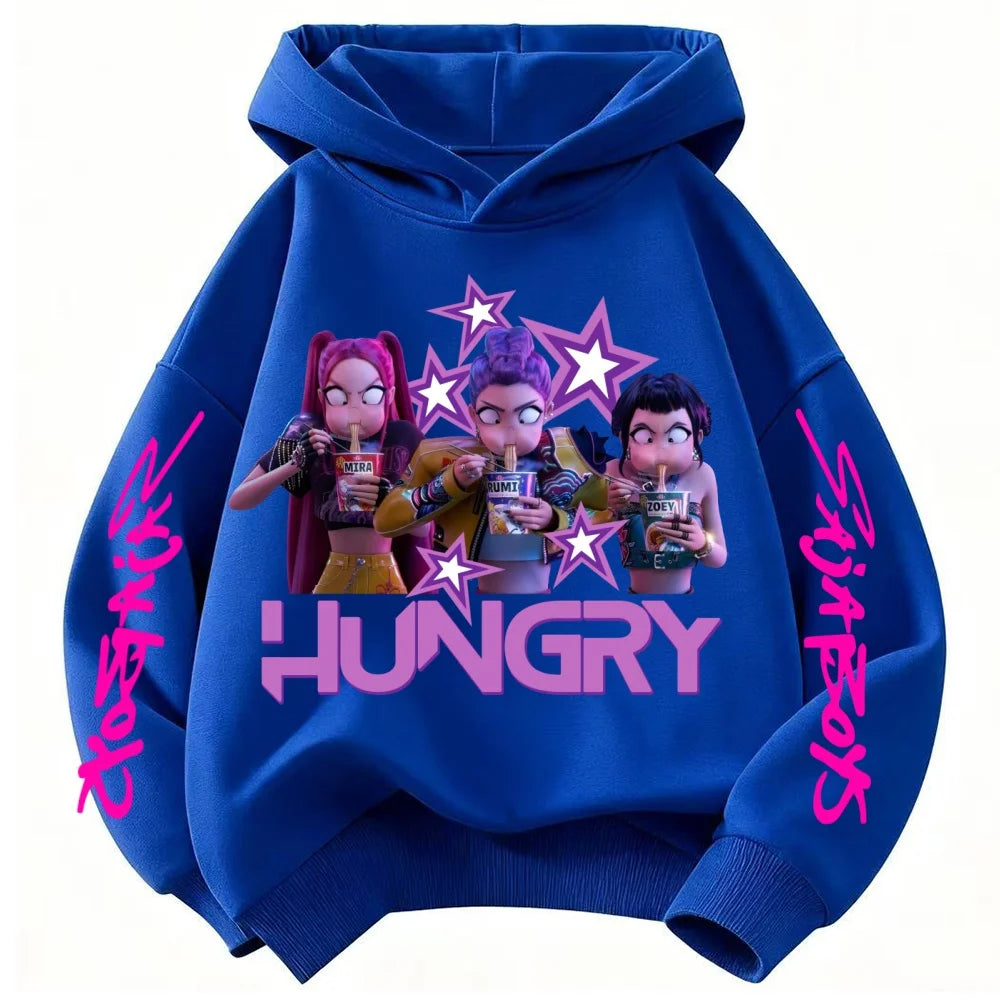 KPop Demon Hunter Cartoon Cute Girls Hooded Sweatshirt Warm Rumi Children's Wave Fashion Casual Tops Casual Black Pink Clothing