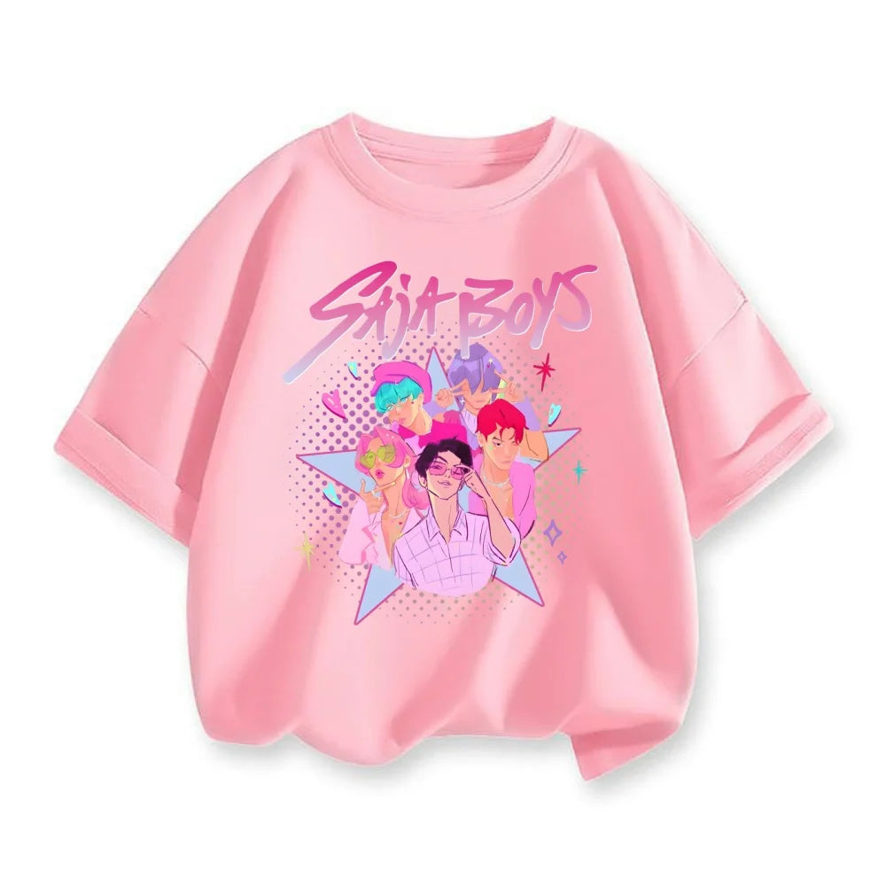 Cute Cartoon Kpop Demon Hunters Huntrix T-shirts Summer Boys Girls Short Sleeve Round Neck Tops Anime Kpop Demon Hunters T Shirt