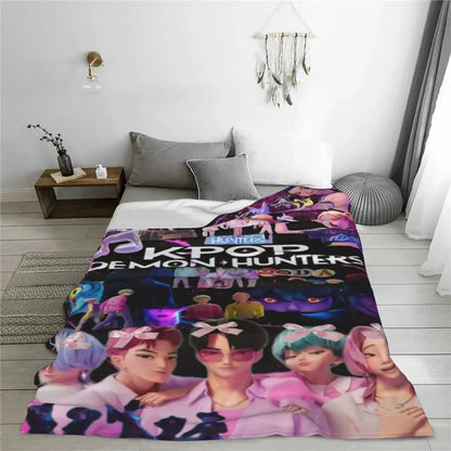Cool K-Pop Demon Anime Hunter Flannel Blanket Suitable For Home Bedding And School Bedding A Must-Have Home Decor Blanket For Do
