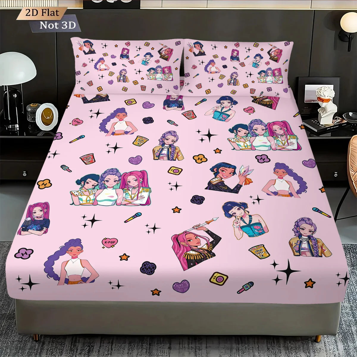 3pcs K-Pop Demon Hunters Print coreless fitted sheet Set Multiple Size Bedrooms Dormitory Bedcover Decoration Machine Washable