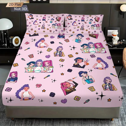 3pcs K-Pop Demon Hunters Print coreless fitted sheet Set Multiple Size Bedrooms Dormitory Bedcover Decoration Machine Washable