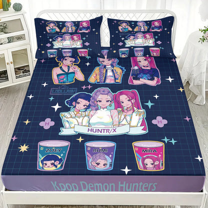 1PC KPOP Fitted Sheet Demon Hunters Soft Polyester Bed Fitted Sheet With Elastic Band Home Decorations Birthday Gifts for Girls