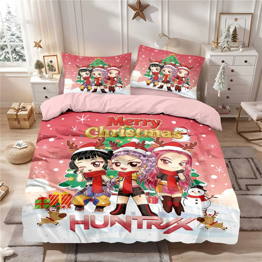 3pcs K-Pop Demon Hunters Merry Christmas Printed Chipless Quilt Set Bedroom Dormitory Machine Washable