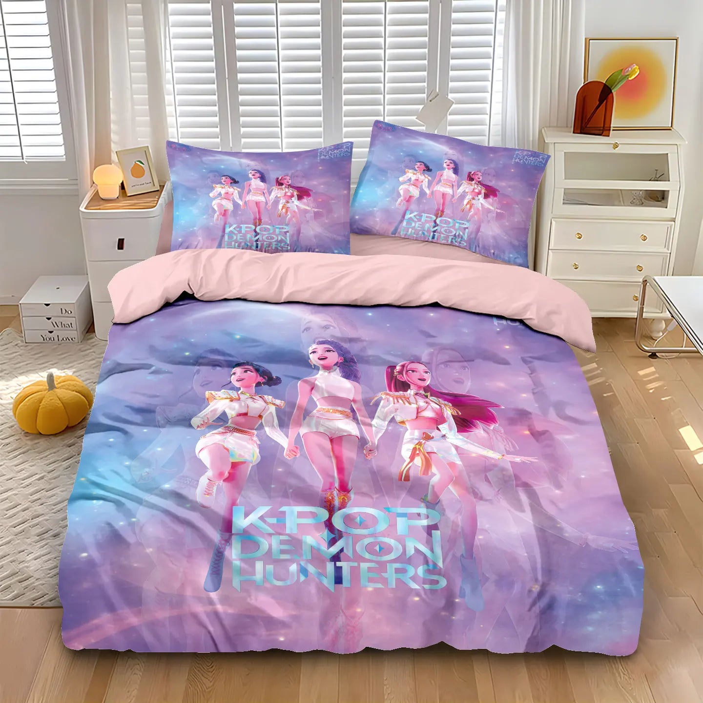 K-Pop Bedding Set Demon Hunters Themed pink or Black other side Print Polyester Student Dormitory  Duvet Cover Boys Girls Gift