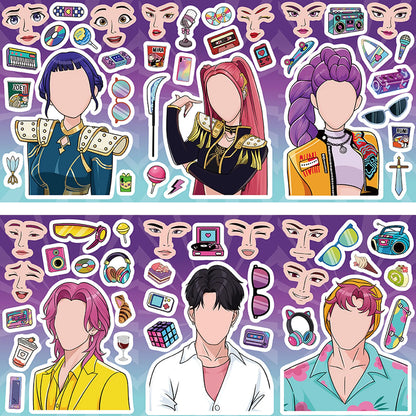 8/16Sheets Cartoon Anime KPop Demon Hunters Stickers Funny Make A Face Puzzle Stickers Jigsaw Assemble Decals Kids DIY Game Gift