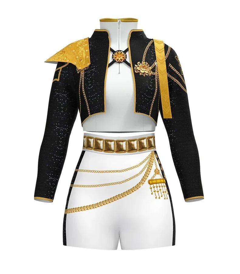 Girls Rumi Zoey Mira Cosplay KPop Demon Hunters Cosplay Costume Children Black Golden Suit Halloween Huntrix Role Playing Outfit