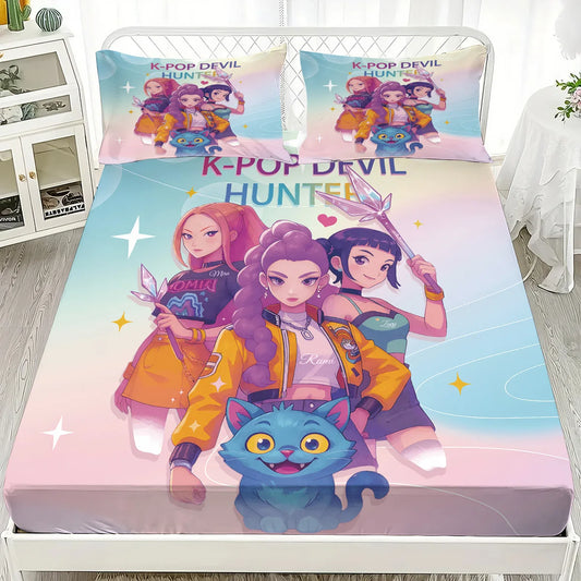 3pcs K-Pop Demon Hunters Printed coreless Bed Sheet Set Multi Size Soft Bed Cover Bedroom Bedding Machine Washable