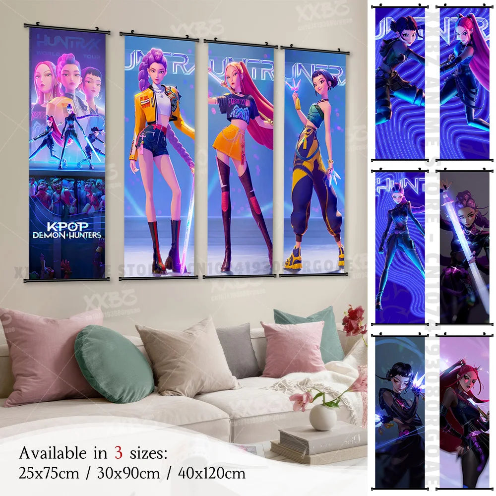 Anime For KPop Demon Hunters Wall Art Canvas Scrolls Pictures Kawaii Character Print Posters Home Decoration Hanging Painting