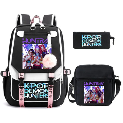 KPop Demon Hunters Backpack Shoulder Bag Pencil Case Three Piece Set Children Fashion Casual SchoolBag Saja Boys Travel Backpack
