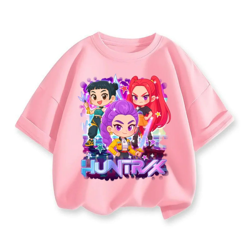 Cute Cartoon Kpop Demon Hunters Huntrix T-shirts Summer Boys Girls Short Sleeve Round Neck Tops Anime Kpop Demon Hunters T Shirt